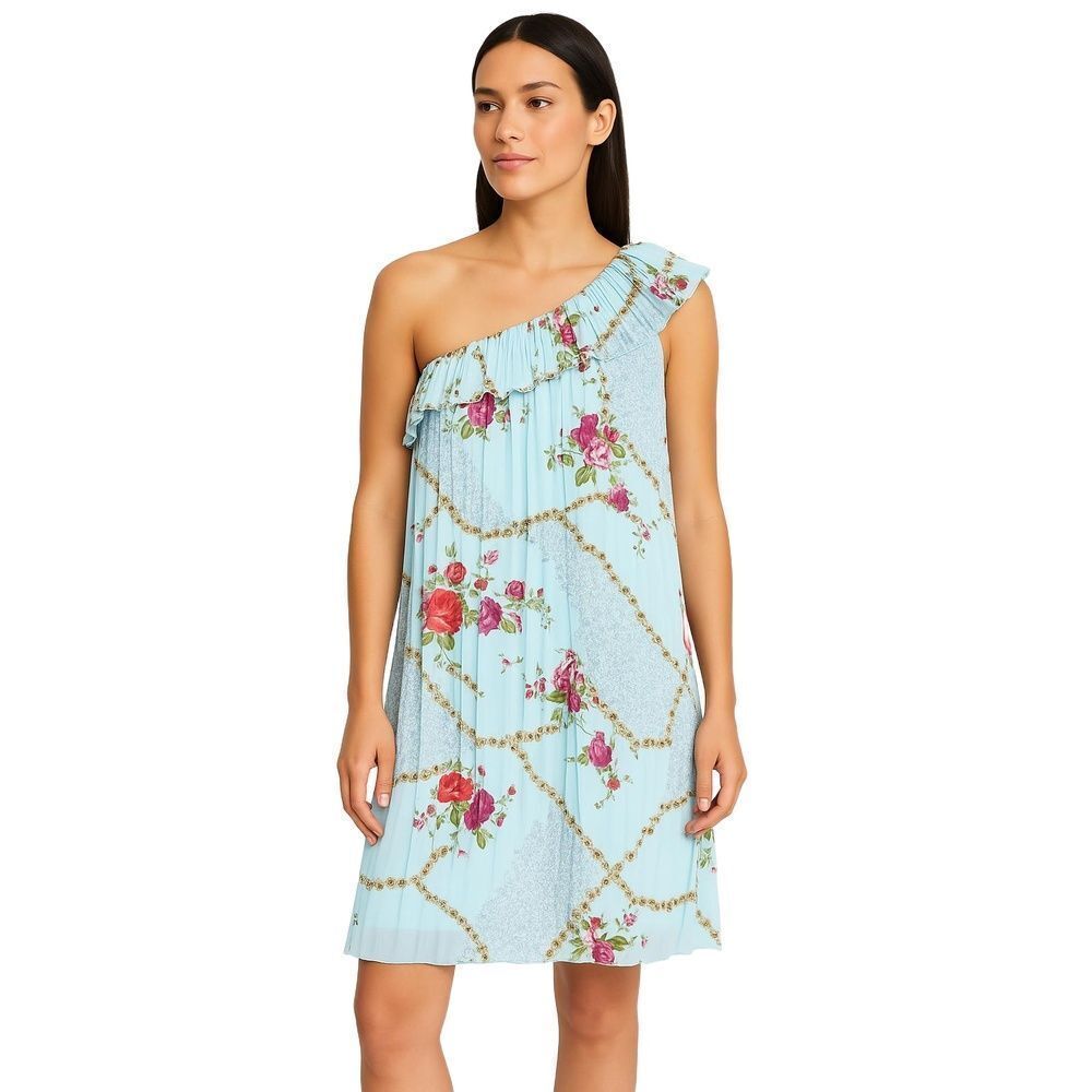 NWT Traffic People Blue Floral Pleated Shift One Shoulder Dress Womens M